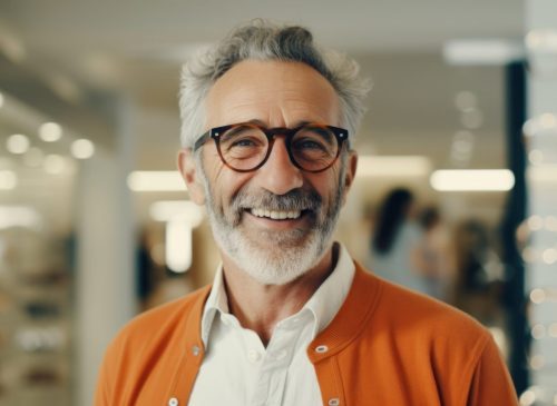 Senior man with gray hair and glasses smiling in a well-lit indoor setting.